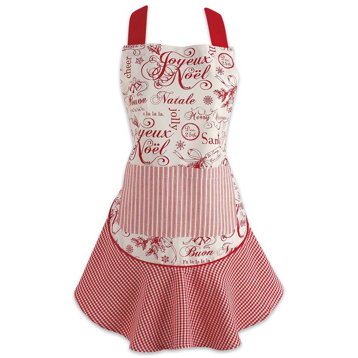 a red and white apron on a mannequin with words printed on the front