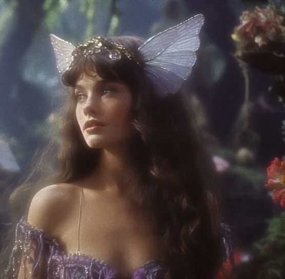 a woman with long hair wearing a purple dress and butterfly wings in front of flowers