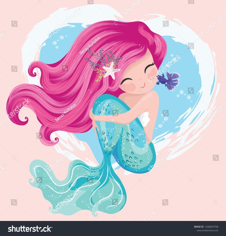 a little mermaid with pink hair is hugging her tail