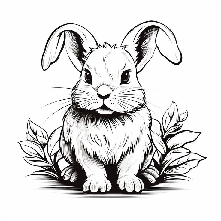 a black and white drawing of a rabbit sitting in the grass with leaves around it