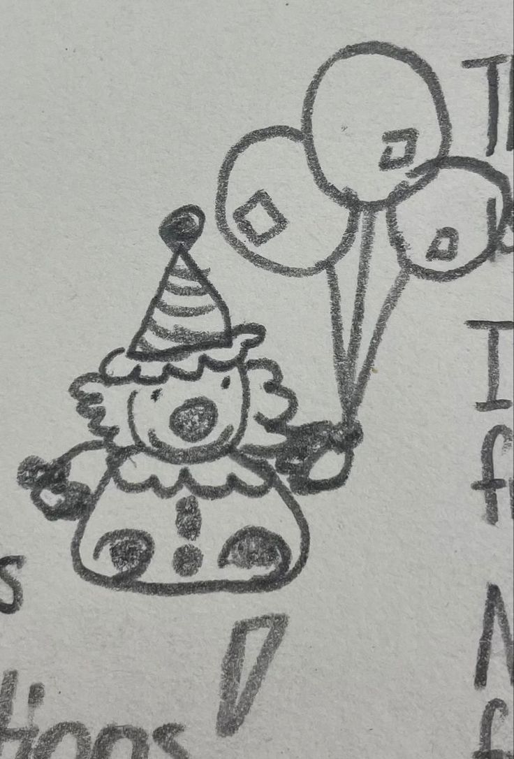 a drawing of a clown with balloons and the number seven on it's back