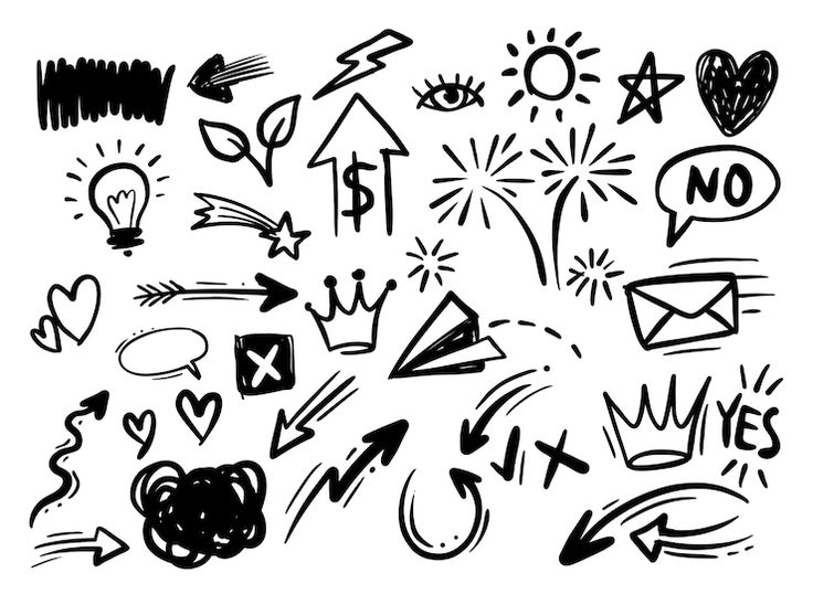 black and white doodle drawing of different types of speech bubbles, hearts, arrows, etc