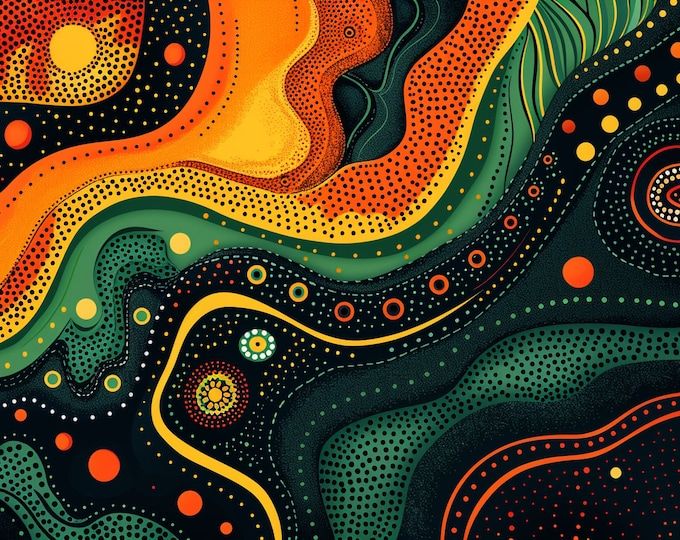 an abstract painting with circles and dots on the surface in black, orange, green, yellow and red colors