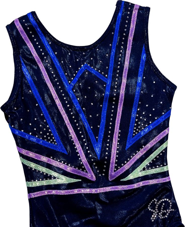 an image of a women's leotard top with blue and purple stripes