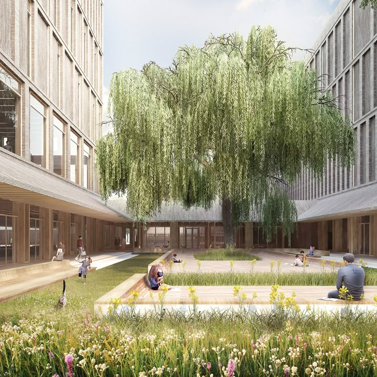 an artist's rendering of a courtyard with people sitting on benches and trees in the background