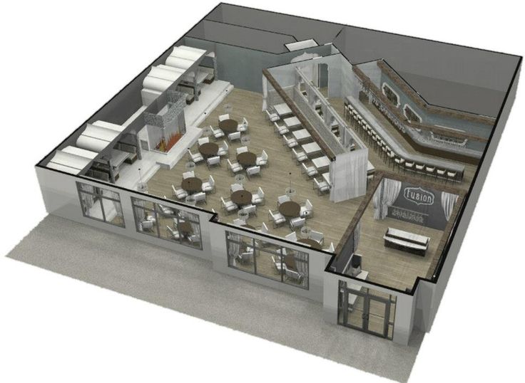 the floor plan of an office with tables and chairs, couches and desks