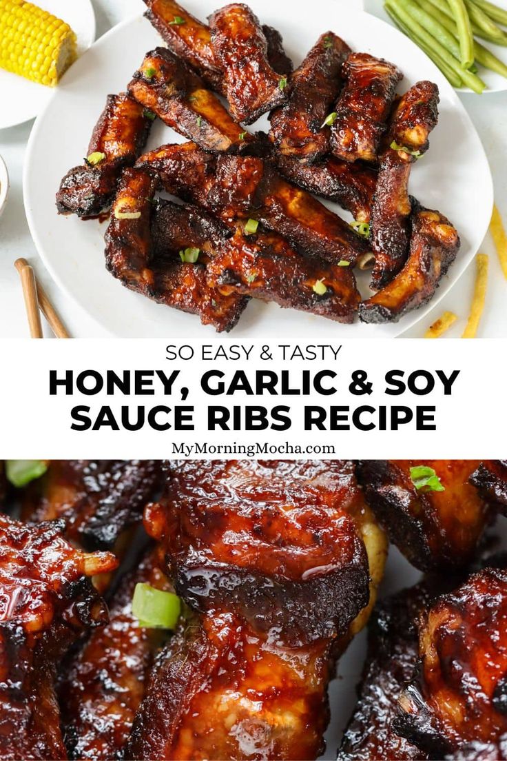 honey, garlic and soy sauce ribs recipe on a white plate with corn in the background