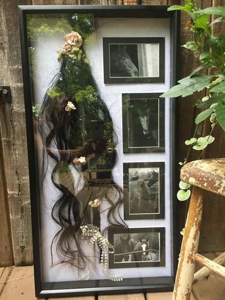 a framed photo with long hair and flowers