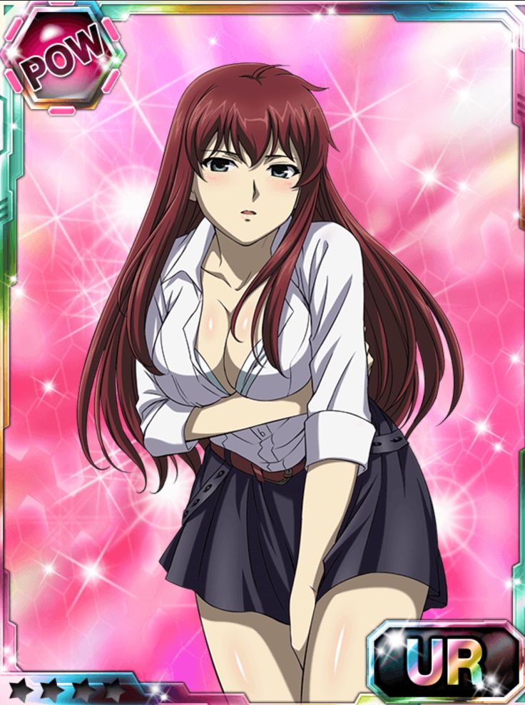 an anime character with long red hair wearing a white shirt and black skirt, standing in front of a pink background