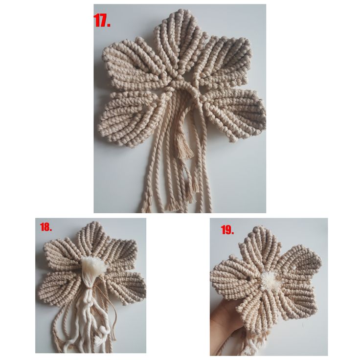 three pictures showing how to make a flower with yarn and thread, including instructions for making the flowers