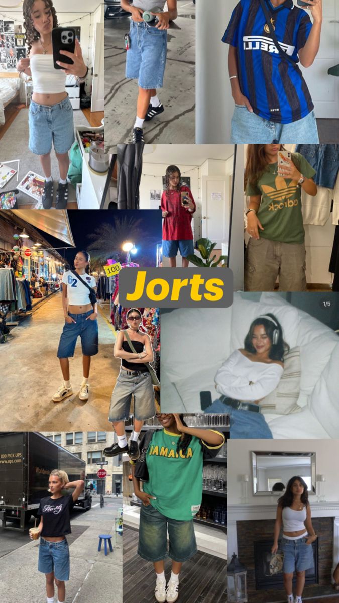 Jorts Girly Jorts Outfit, Summer Jorts Outfits, How To Style Jorts Women, Jorts Womens Fit, Jorts Outfit Aesthetic, Jorts Styling, Jorts Outfit Women’s, Jorts Aesthetic, Baggy Shirt Outfit