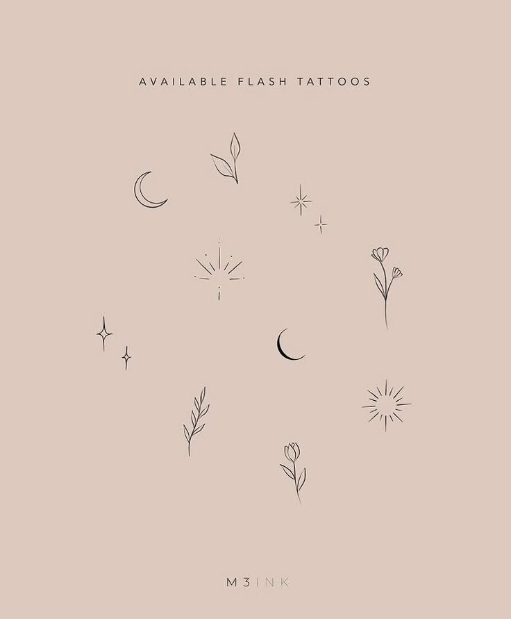 the cover art for available flash tattoos by m3 ink, which includes flowers and stars