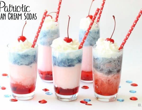 patriotic italian cream sodas with red, white and blue jello in them for fourth of july