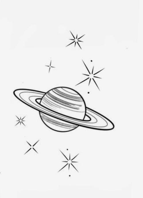 saturn with stars in the background and black ink on white paper, showing it's rings