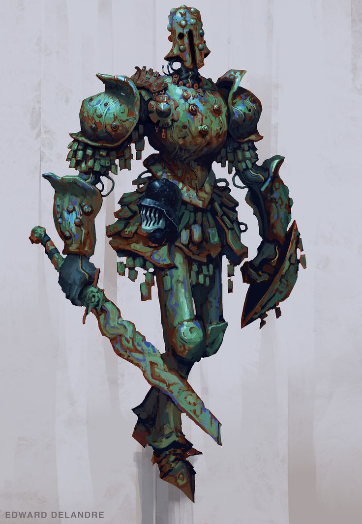 Robot knight guy, Edward Delandre on ArtStation at https://www.artstation.com/artwork/bn44m Edward Delandre, Robot Skeleton Concept Art, Dieselpunk Monster, Old Robot Concept Art, Wooden Robot Fantasy Art, Mining Robot Concept Art, Arte Peculiar, Art Shows, Traditional Games