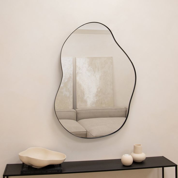 Black metal pond shaped irregular wall mirror displayed vertically on wall Arch Mirror Bathroom, Squiggly Mirror, Squiggle Mirror, Pond Mirror, Extra Large Mirrors, Minimalist Window, Irregular Mirror, Profile Frame, Hm Home