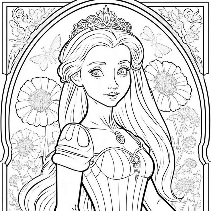 the princess aurora from disney's sleeping beauty coloring page with flowers in the background