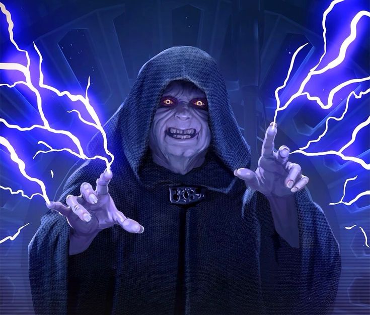 a man dressed as darth vader with his hands in the air and lightning behind him