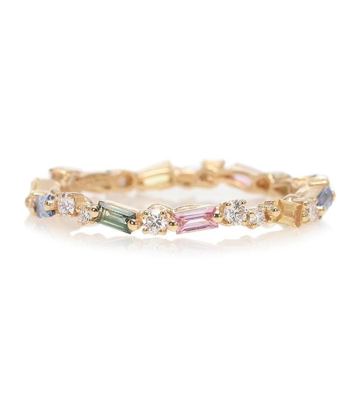 This dainty take on the eternity band – from Suzanne Kalan's beloved Fireworks family – will make for a truly unique addition to your jewelry collection. It is handmade in the USA from 18kt yellow gold, and encrusted with pastel stones: 0.30ct round-cut diamonds and 0.80ct baguette-cut sapphires. Mother Ring, Birthstone Rings, Family Rings, Multi Gemstone Ring, Suzanne Kalan, Diamond Stacking Rings, Ring Stack, Gold And Silver Rings, Pretty Jewelry