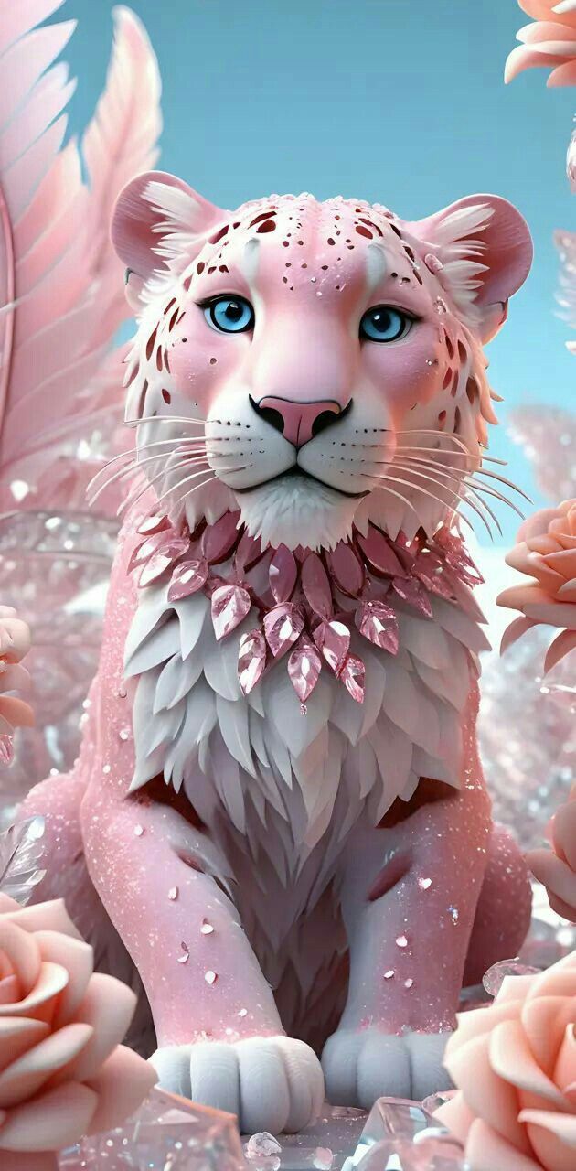 a white tiger with blue eyes surrounded by pink flowers and leaves, in front of a blue sky