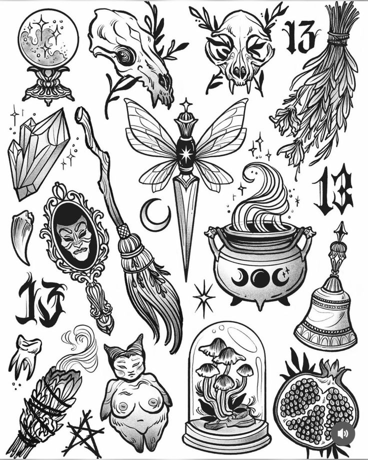 an ink drawing of various items and symbols