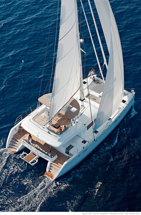 a catamaran sailing in the open ocean