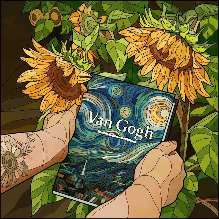 two hands holding an adult coloring book in front of sunflowers with van gogh written on the cover