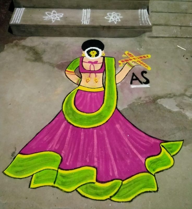 a colorful drawing of a woman holding a fan in her hand on the ground next to some steps