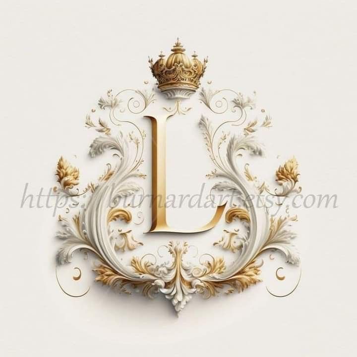 the letter j is made up of gold and white scrolls with a crown on top