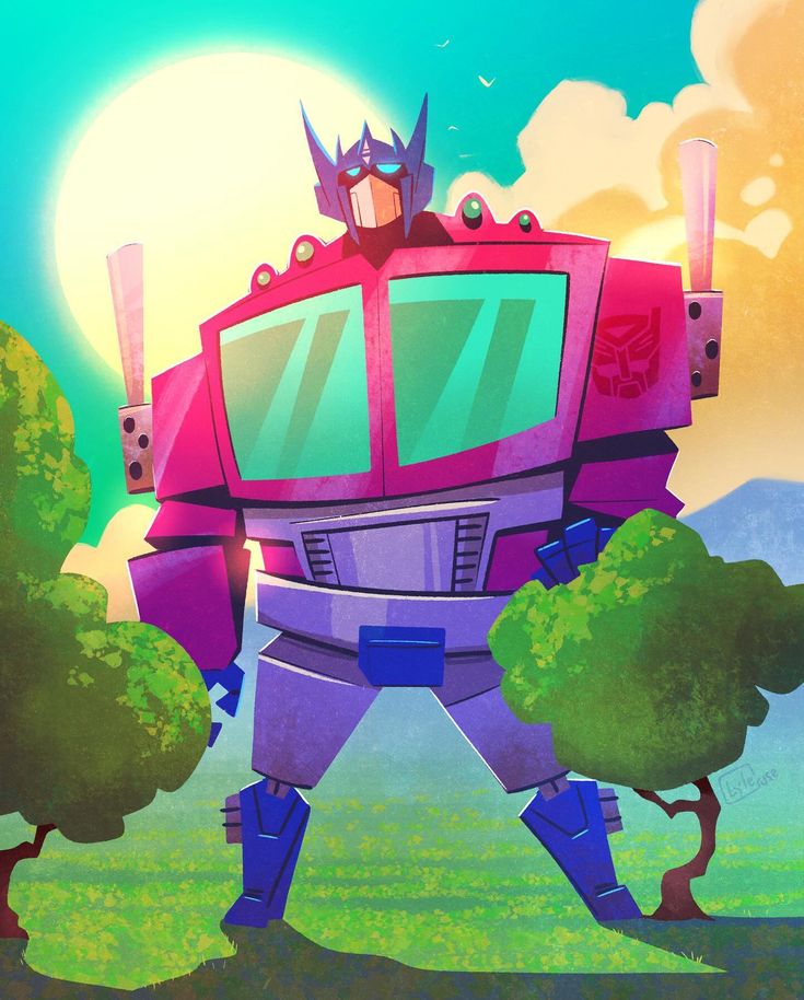 an animated robot standing in the middle of a field with trees and clouds behind it