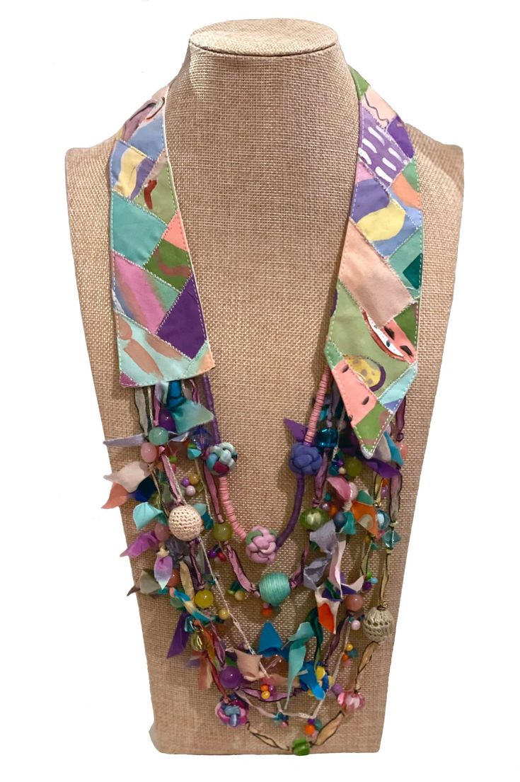 Womens Pastel Multi Strand Beaded Waterfall Collar Scarf Necklace From Recycled Hand Painted Cotton Fabrics LRW DESIGNS - Etsy Treasure Necklace, Collar Hippie, Fiber Necklace, Fiber Art Jewelry, Collar Scarf, Tie Crafts, Scarf Necklace, Precious Beads, Fiber Jewelry