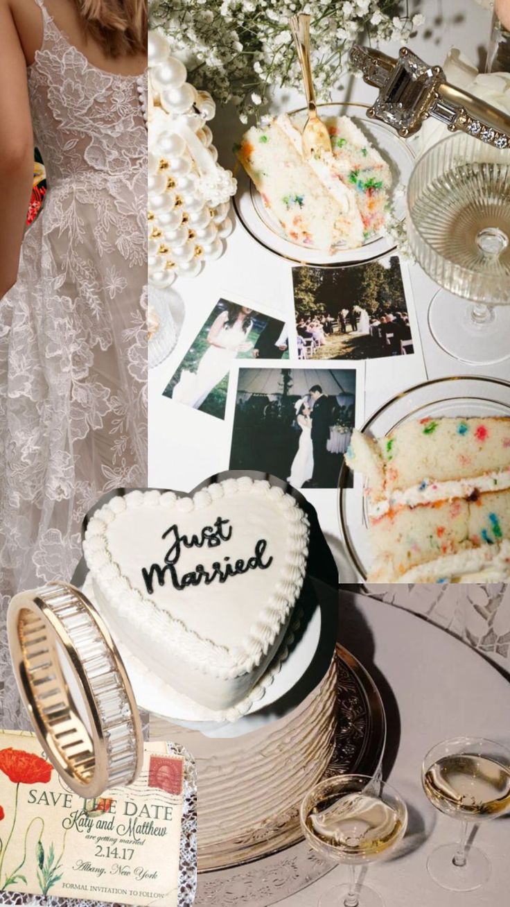 a collage of wedding photos, cake and other items on a table with flowers