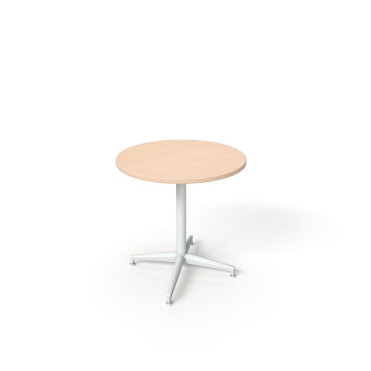 a round table with two white legs and a light wood top on an isolated surface