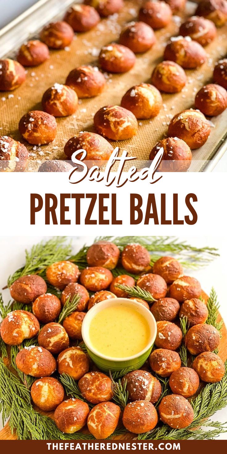 baked pretzel balls on a platter with dipping sauce and rosemary sprigs