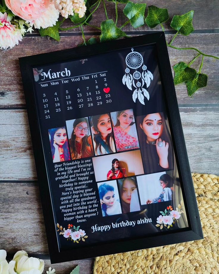 a photo frame with pictures and flowers around it on a wooden table next to a straw hat