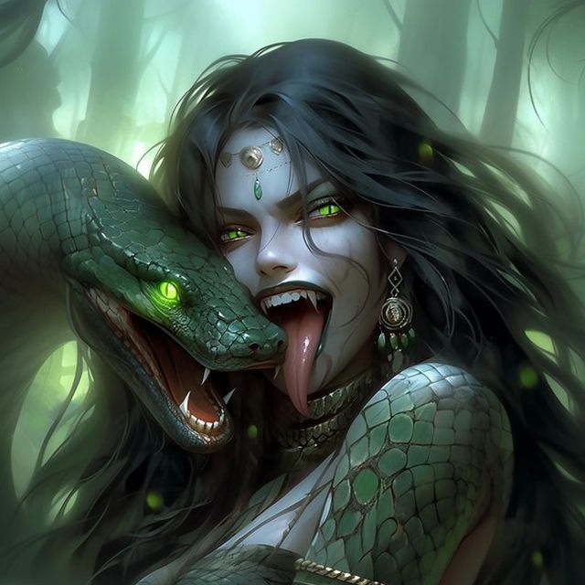 a woman holding a green snake in her hand with it's mouth open and tongue out