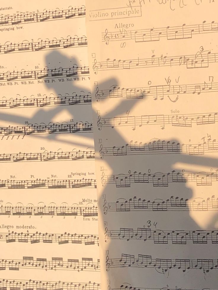 the shadow of a person standing next to sheet music