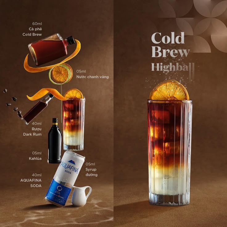 an advertisement for cold brew highball with orange slices and ingredients in it, including a pitcher