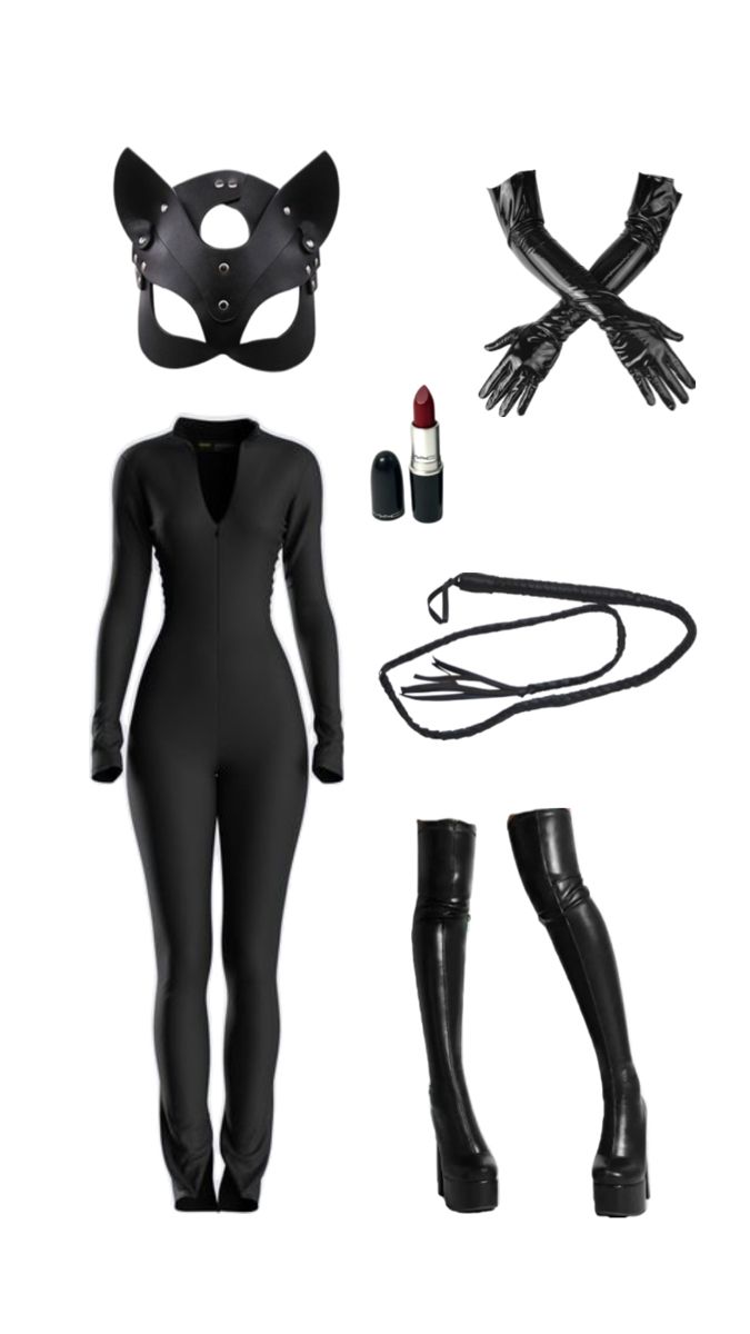 a woman wearing black catsuits and boots