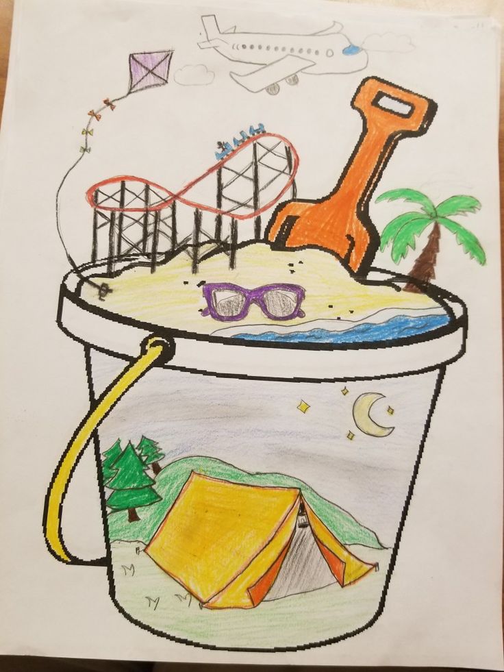 a drawing of a camp site in a cup with sunglasses and a wrench on top