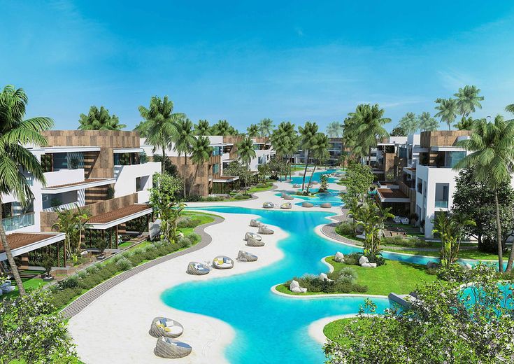 an artist's rendering of a resort in the middle of palm trees and water