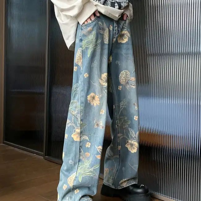 Wide Leg Casual Pants, Jeans Korean, 90s Fashion Men, Men Jeans Pants, Mid Waist Pants, Zippered Cardigan, Casual Wide Leg Pants, Print Flower, Mens Pants Fashion