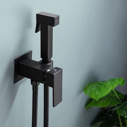 a black shower faucet mounted on the wall next to a potted plant