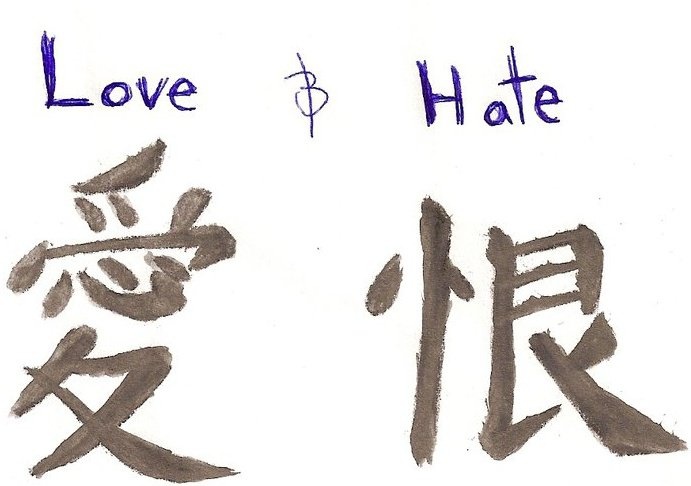 Love & Hate tattoos Most Hated Tattoo, Owl Neck Tattoo, Tattoo Japonais, Kanji Love, Japanese Tattoo Words, Swirl Tattoo, Kanji Tattoo, Best Cover Up Tattoos, Chinese Symbol Tattoos