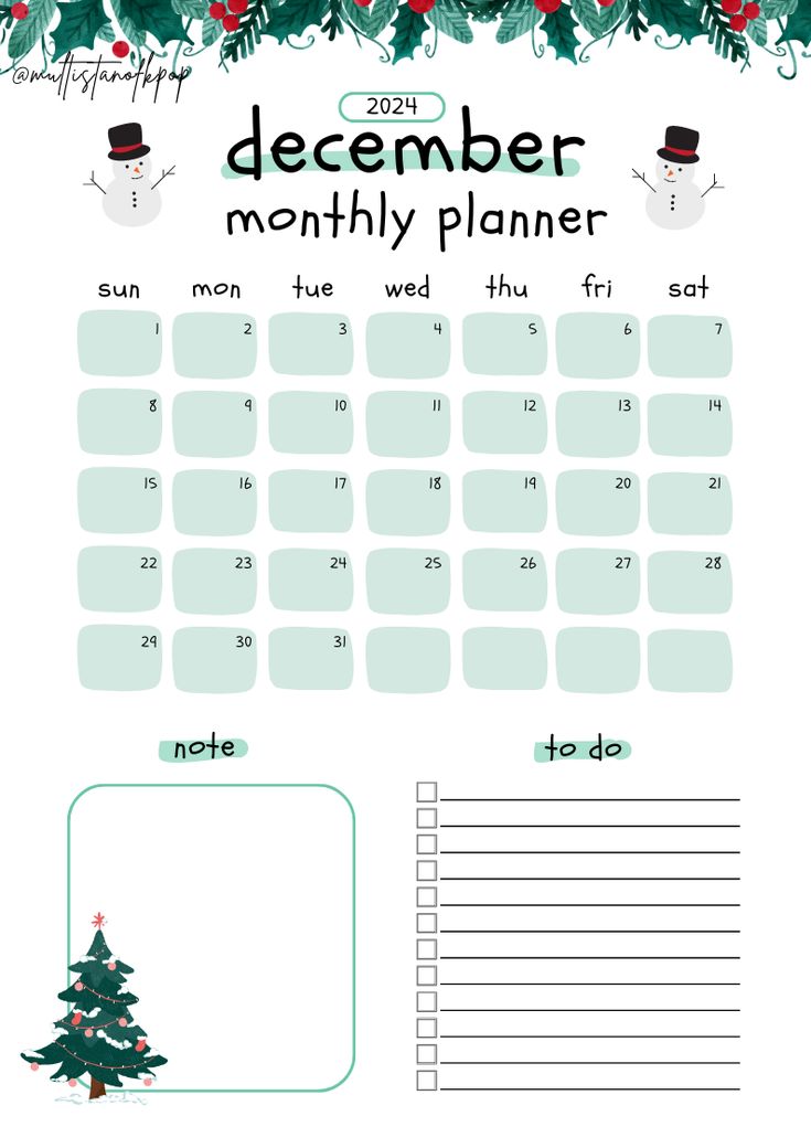 a christmas calendar with a snowman on it and the words, december month planner