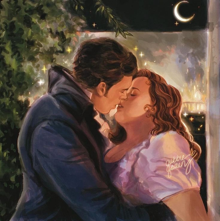 a painting of a man and woman kissing in front of a window with the moon behind them