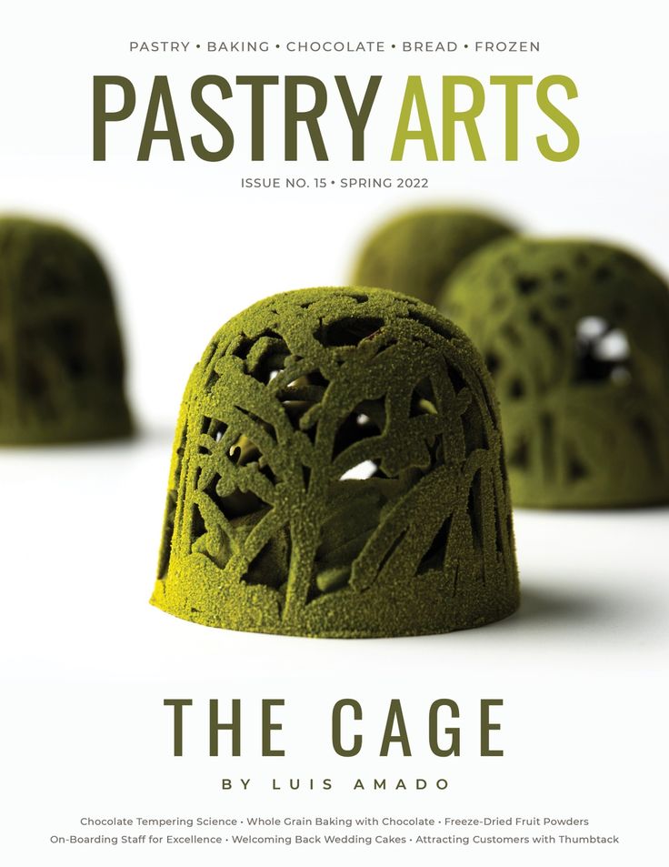 the cover of pastry arts magazine, featuring green cakes and other pastries on white background