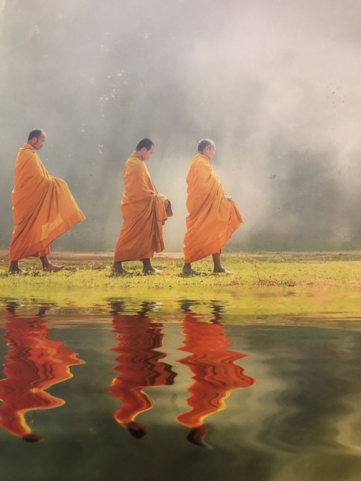 three monks in orange robes are walking along the water's edge with their reflection