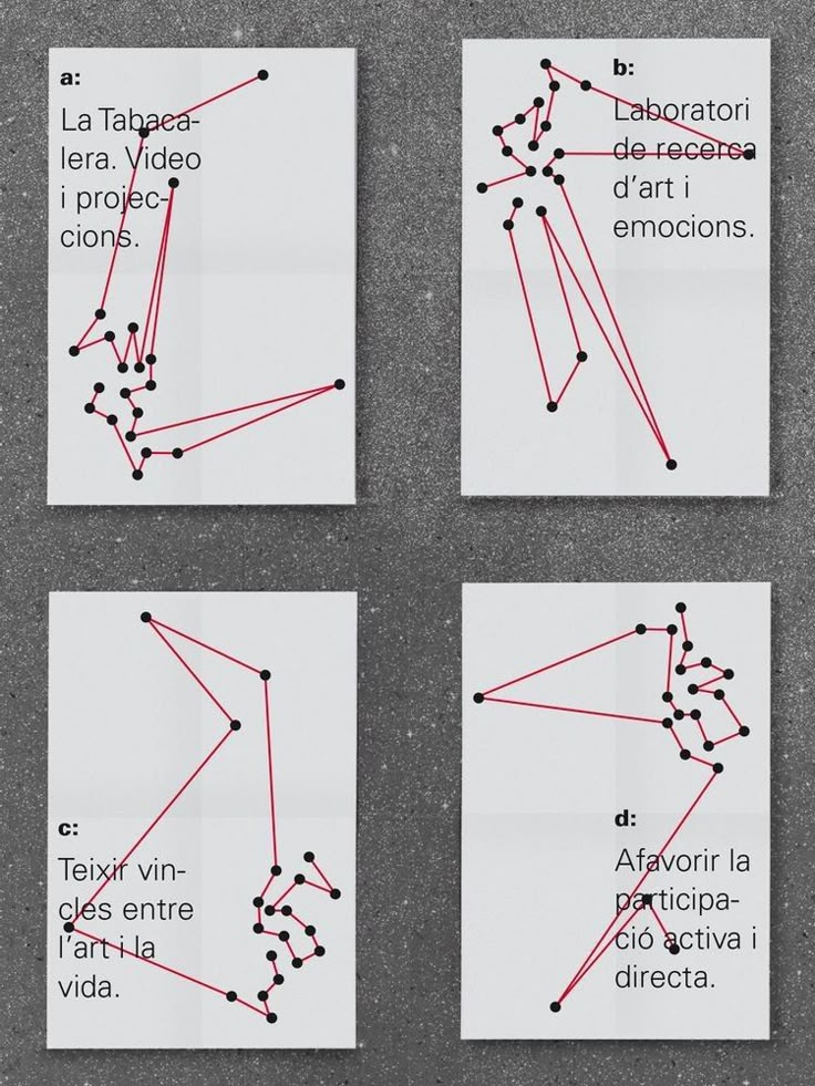 four pieces of white paper with red lines on them and black dots in the middle