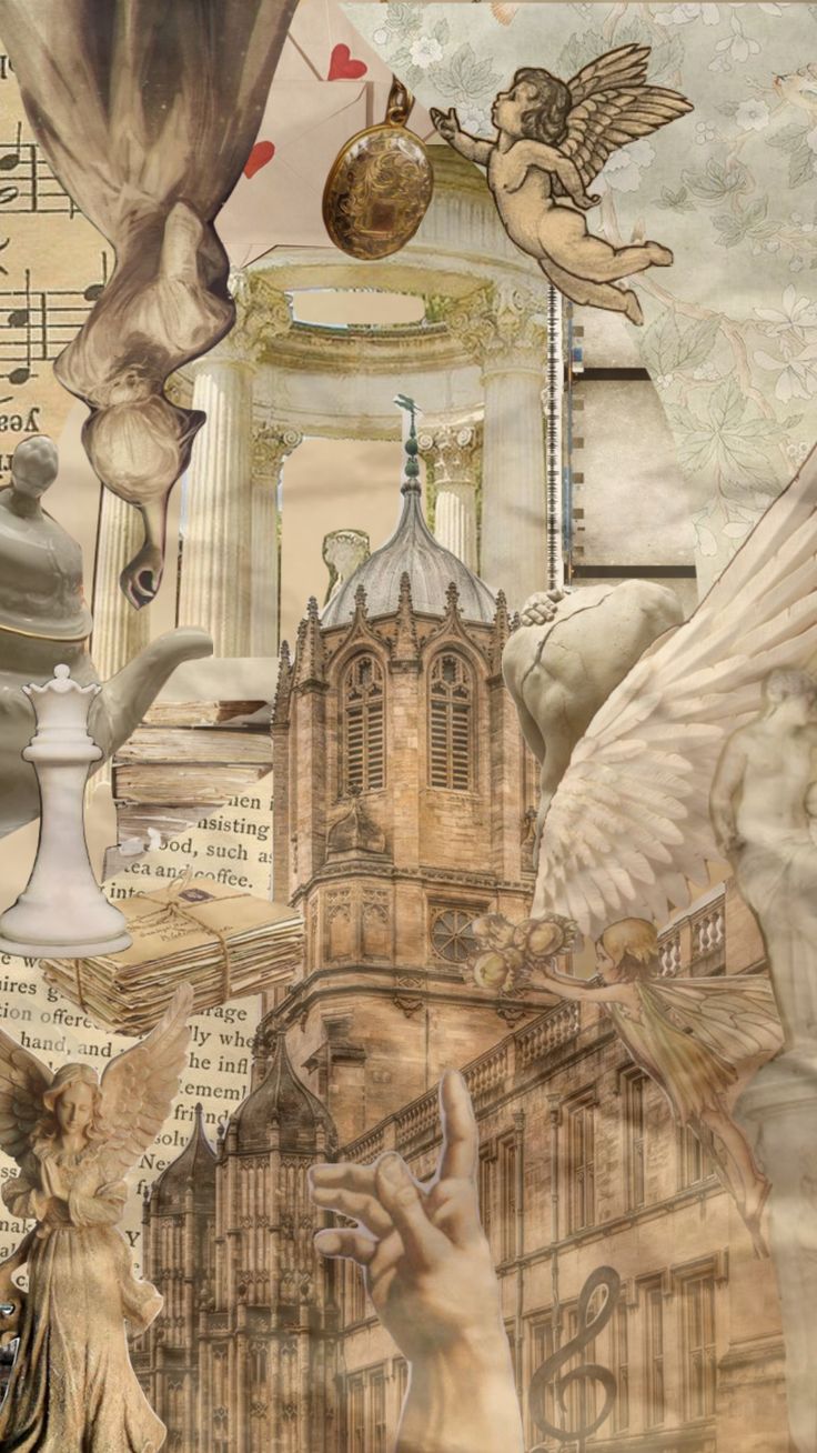 collage of images with angels and buildings in the background